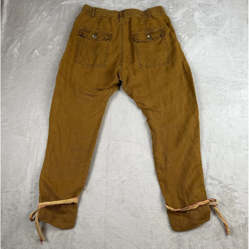 Free People Pants Womens 2 Brown Tencel Linen Pleated‎ Tapered Ankle Tie Boho